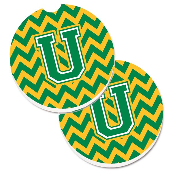 Carolines Treasures Letter U Chevron Green and Gold Set of 2 Cup Holder Car Coaster CJ1059-UCARC - main